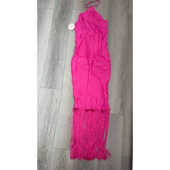 Camila Coelho Payton Party Fringe Halter Hot Pink Maxi Dress NWT Small - Picture 2 of 9